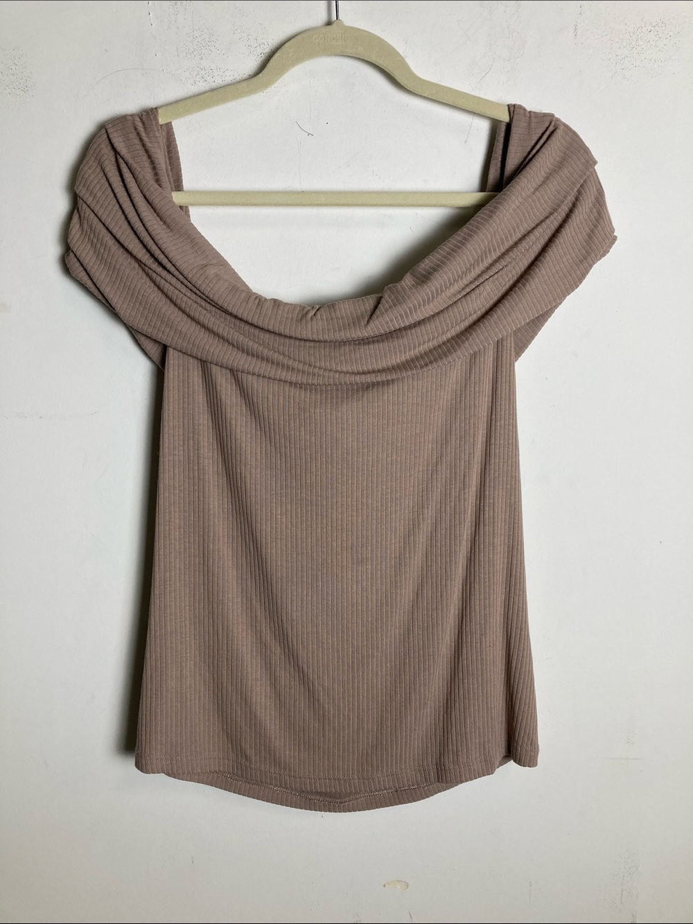 Topshop Ribbed Off-Shoulder Top in Taupe
